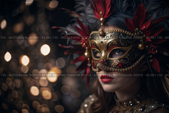 The Venetian Carnival. Close-up of a woman in an ornate carnival mask. Bright colors convey an atmosphere of celebration and luxury. Стоковое AI-изображение, AI-художник Photojuli / Фотобанк Лори
