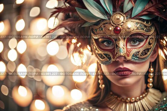 The Venetian Carnival. Close-up of a woman in an ornate carnival mask. Bright colors convey an atmosphere of celebration and luxury. Стоковое AI-изображение, AI-художник Photojuli / Фотобанк Лори