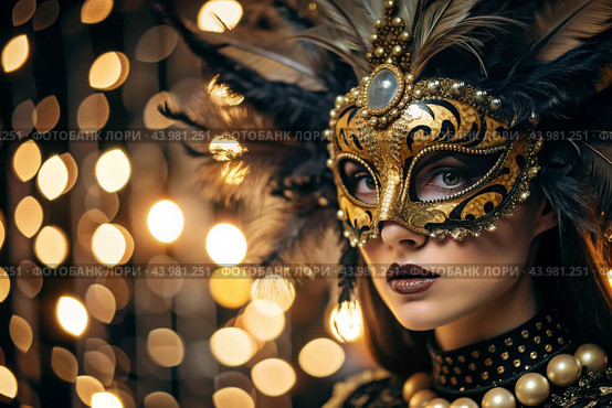 The Venetian Carnival. Close-up of a woman in an ornate carnival mask. Bright colors convey an atmosphere of celebration and luxury. Стоковое AI-изображение, AI-художник Photojuli / Фотобанк Лори