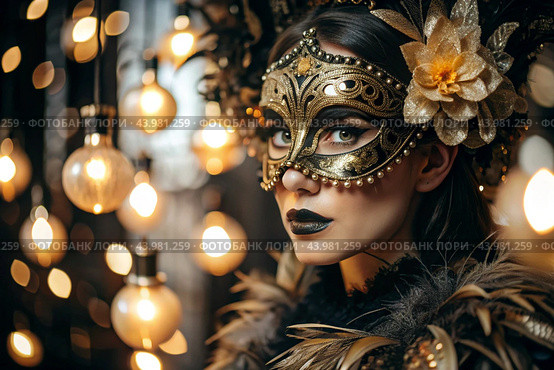 The Venetian Carnival. Close-up of a woman in an ornate carnival mask. Bright colors convey an atmosphere of celebration and luxury. Стоковое AI-изображение, AI-художник Photojuli / Фотобанк Лори