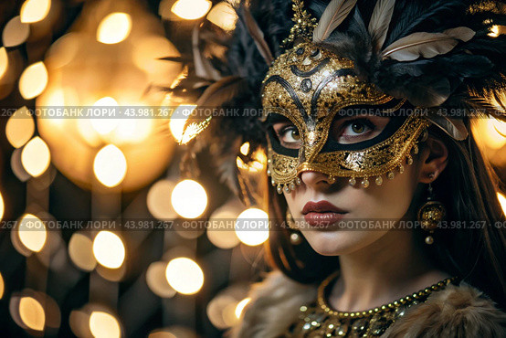 The Venetian Carnival. Close-up of a woman in an ornate carnival mask. Bright colors convey an atmosphere of celebration and luxury. Стоковое AI-изображение, AI-художник Photojuli / Фотобанк Лори
