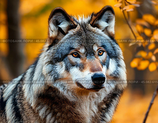 The wolf, or gray wolf, or common wolf (Latin: Canis lupus), is a species of predatory mammal from the canine family (Canidae). Стоковое AI-изображение, AI-художник Сергей Елизарьев / Фотобанк Лори