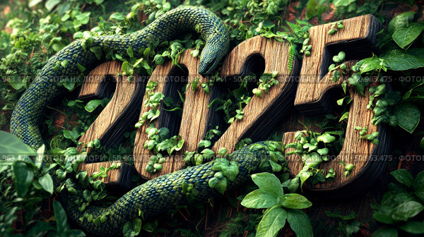 The year of the green tree snake: 2025 brings forth adaptation, growth, and new life. Стоковое AI-изображение, AI-художник Сергей Бирюков / Фотобанк Лори