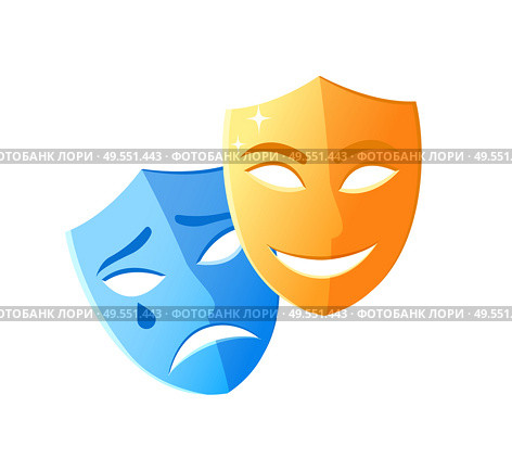 Theatre mask crying and smiling, emotion icons on white, character objects sad and happy, masquerade decorations laugh and disorder, pantomime vector. Masks Smiling and Crying, Feeling Icons Vector. Стоковая иллюстрация, агентство Ingram Publishing / Фотобанк Лори