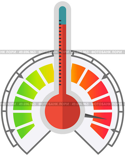 Thermometer with rising temperatures in hot weather. Rising degrees metering, warm summer weather. Circular measuring device with digital and analog color bar. Determination of temperature of air. Thermometer with rising temperatures in hot weather. Rising degrees metering, warm summer weather. Стоковая иллюстрация, агентство Ingram Publishing / Фотобанк Лори
