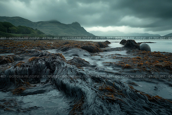 Thick oil clinging to seaweed and rocks along a coastline distressed marine life. Жирная нефть прилипла к водорослям и камням вдоль береговой линии, что привело к расстройству морской жизни. Стоковое AI-изображение, AI-художник Katsiaryna Repich / Фотобанк Лори