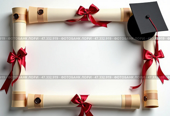 This image features a creative frame composed of graduation-related items on a white background. Стоковое AI-изображение, AI-художник Наталья Синцова / Фотобанк Лори