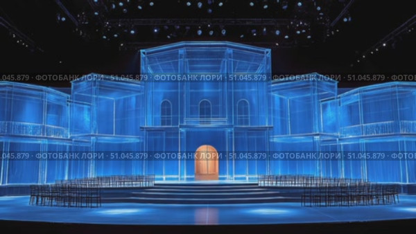 This striking stage design features blue lighting and intricate architectural details, creating an engaging ambiance for performances and presentations. Стоковое AI-видео, аниматор Данила Большаков / Фотобанк Лори