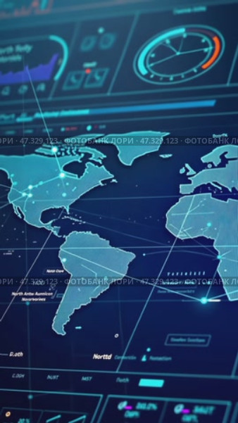 This visualization displays a world map highlighting significant air travel routes and traffic data, showcasing global connectivity across various regions. Стоковое AI-видео, аниматор Sergey Grishin / Фотобанк Лори