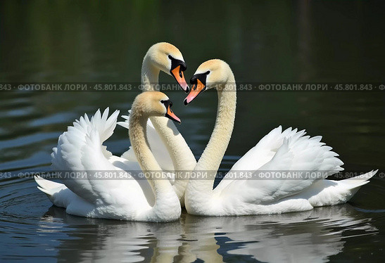 Three beautiful swans glide across the water, their feathers shimmering in the light, creating a peaceful atmosphere by the lake. Swans Cygnus, genus of birds, order Anseriformes of duck family. AI. Стоковое AI-изображение, AI-художник Юлия Петровская / Фотобанк Лори
