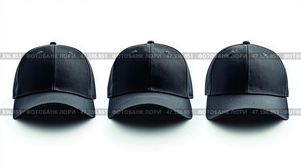 Three black baseball mockup caps arranged neatly on a white surface. Три одинаковые черные бейсболки расположены рядом на белом фоне, демонстрируя их простой дизайн и четкие линии. Кепки имеют классическую форму, идеально подходящую для повседневной носки. Стоковое AI-изображение, AI-художник Katsiaryna Repich / Фотобанк Лори