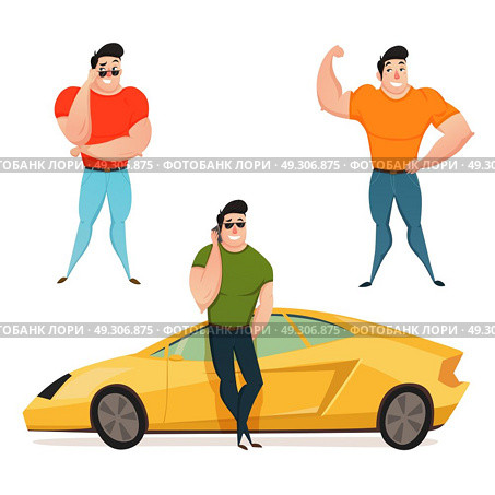 Three Brutal Brunet Macho . Flat design composition with three brutal  brunet macho showing large muscles flat cartoon vector illustration. Стоковая иллюстрация, агентство Ingram Publishing / Фотобанк Лори