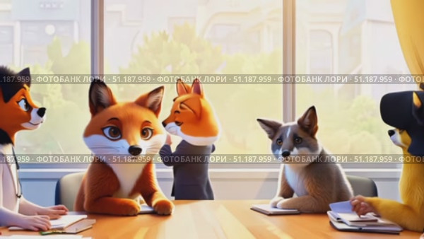 Three cartoon foxes, including one in a suit, gather at a sleek office table, discussing ideas with enthusiasm and focus. Стоковое AI-видео, аниматор Данила Большаков / Фотобанк Лори