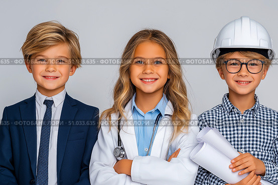 Three children dressed as professionals, one with a calculator, another in a hard hat and goggles, and the last holding blueprints, showcasing future career aspirations and teamwork. Стоковое AI-изображение, AI-художник Ирина Ручушкина / Фотобанк Лори