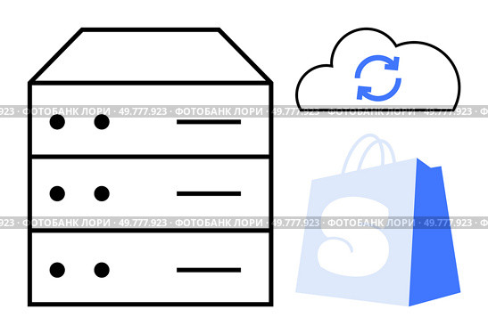 Three elements including a data storage server, cloud sync symbol, and shopping bag with an S mark. Ideal for technology, cloud computing, data storage, e-commerce, and retail themes. Minimalistic. Data Storage Server, Cloud Sync, and Shopping Bag Design for Technology and E-commerce. Стоковая иллюстрация, агентство Ingram Publishing / Фотобанк Лори