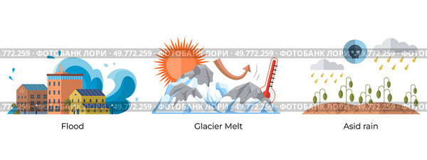 Three environmental issues are depicted. Flood shows water engulfing buildings. Glacier Melt displays melting ice under a hot sun. Acid Rain illustrates skull-filled clouds raining on plants. Ideal. Visual Representation of Environmental Issues Flood, Glacier Melt, and Acid Rain Impact. Стоковая иллюстрация, агентство Ingram Publishing / Фотобанк Лори