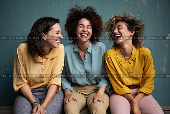 Three friends of different races are laughing merrily and looking at the camera. The concept of female friendship. Стоковое AI-изображение, AI-художник Ярославский Максим / Фотобанк Лори