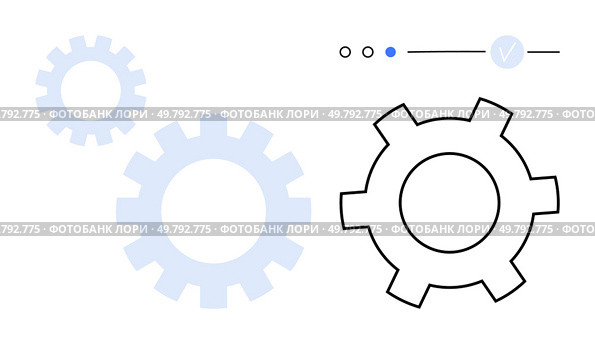 Three gears with one larger outlined gear and two smaller shaded ones, with progress indicators above. Ideal for technology, mechanics, engineering, automation, innovation, teamwork, and processes. Gears in motion with minimalist circle indicators reflecting progress and system functionality. Стоковая иллюстрация, агентство Ingram Publishing / Фотобанк Лори