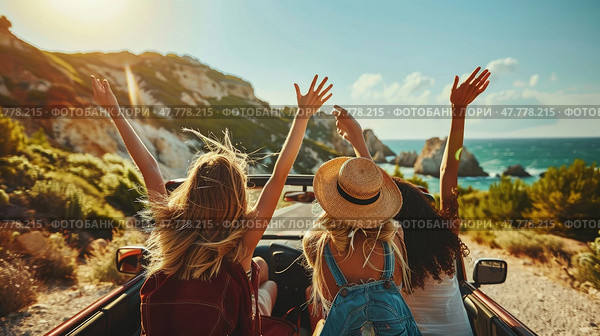 Three girls seated in the back of a convertible, gazing at the vast ocean before them with the wind blowing through their hair. Стоковое AI-изображение, AI-художник Данила Большаков / Фотобанк Лори