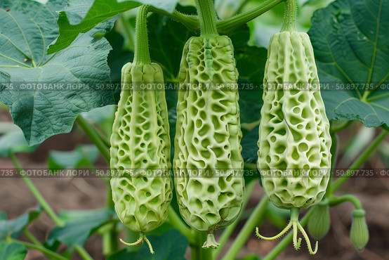 Three green bitter melon hanging from the vine in organic farm. Стоковое AI-изображение, AI-художник Иван Рябоконь / Фотобанк Лори