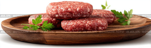Three hamburgers on a wooden plate with parsley. Стоковое AI-изображение, AI-художник Ярославский Максим / Фотобанк Лори