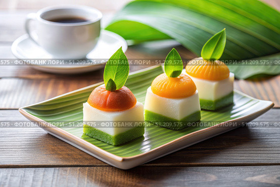 Three Layered Indonesian Desserts With Mango Topping and Green Leaves. Generative AI. Стоковое AI-изображение, AI-художник Roman Zavorotny / Фотобанк Лори