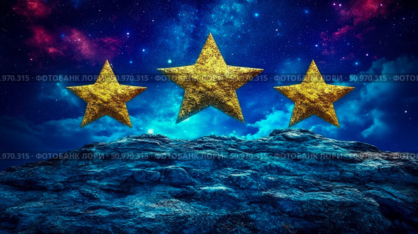Three majestic golden stars ascend above a rugged, mysterious landscape against a breathtaking cosmic blue and purple night sky. Стоковое AI-изображение, AI-художник Данила Большаков / Фотобанк Лори