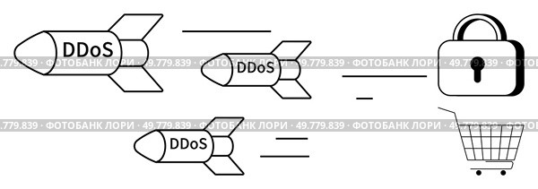Three missiles labeled DDoS heading towards a lock and shopping cart. Ideal for explaining online security threats, DDoS attacks, cybersecurity, e-commerce vulnerabilities, and data protection. DDoS Attack on Online Shopping Security Represented by Missiles and Locked Cart. Стоковая иллюстрация, агентство Ingram Publishing / Фотобанк Лори