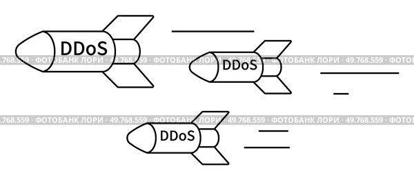 Three missiles labelled DDoS to represent cyberattacks. Ideal for cybersecurity awareness, network protection, IT risk management, cyber threats, online security. Simple line art, minimalistic style. Cyberattack Threat Represented by DDoS as Incoming Missiles Concept Illustration. Стоковая иллюстрация, агентство Ingram Publishing / Фотобанк Лори