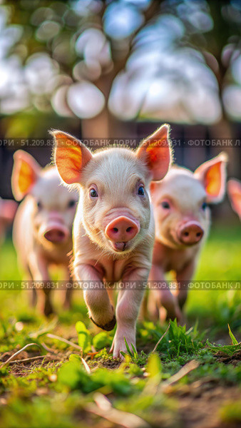 Three Piglets Running Through Grassy Field on a Sunny Day. Generative AI. Стоковое AI-изображение, AI-художник Roman Zavorotny / Фотобанк Лори
