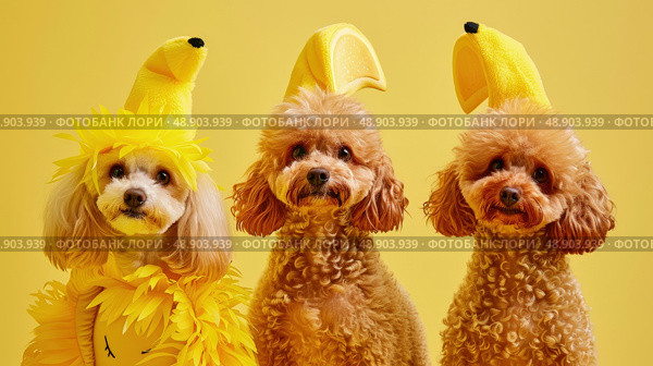 Three poodles, small to medium-sized breeds, sporting banana hats on their heads in a playful and quirky manner. Стоковое AI-изображение, AI-художник Данила Большаков / Фотобанк Лори