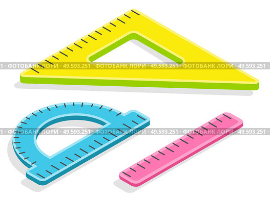 Three rulers to draw straight lines and right triangles. Protractor for measure angles vector. These items are needed on geometry and for architects. Back to school concept. Flat cartoon isometric 3d. Pack of Three Rulers Different Colors Vector Icon. Стоковая иллюстрация, агентство Ingram Publishing / Фотобанк Лори