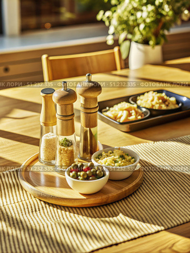 Three Salt and Pepper Shakers on a Wooden Tray With Small Dishes of Food on a Dining Table. Generative AI. Стоковое AI-изображение, AI-художник Roman Zavorotny / Фотобанк Лори
