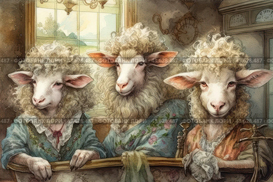 Three sheep with human features, dressed in period costumes. They are sitting at a table, demonstrating serious and thoughtful expressions. The painting is done in the style of watercolor painting with soft, pastel shades. The background includes interior elements with a window through which the landscape is visible. The image combines elements of humor and absurdity, creating a unique and memorable image. Стоковое AI-изображение, AI-художник Анна Кривицкая / Фотобанк Лори