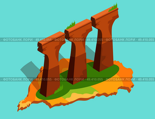 Three stone or concrete supports, green grass in Taiwan flat and shadow theme on blue background. Vector illustration of Formosa architecture green island. Flat design cartoon style for web.. Three Stone or Concrete Supports in Taiwan Flat. Стоковая иллюстрация, агентство Ingram Publishing / Фотобанк Лори