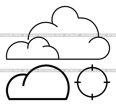 Three varying cloud shapes and a circular target outline. Ideal for weather concepts, data storage, forecasting, targeting, minimalistic designs, educational purposes, tech illustrations. Line. Cloud Shapes and Target Outline in Simple Black Line Art. Стоковая иллюстрация, агентство Ingram Publishing / Фотобанк Лори