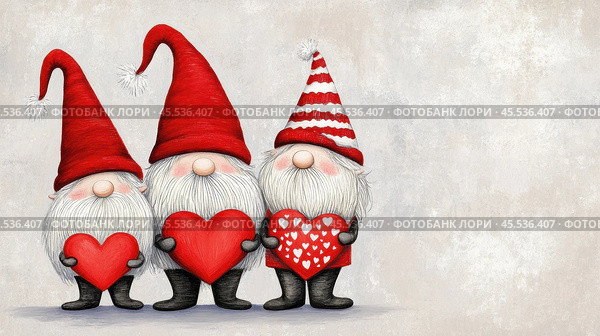 Three whimsical gnomes with red hats hold heart-shaped signs, spreading love and joy, AI. Стоковое AI-изображение, AI-художник Сергей Старуш / Фотобанк Лори