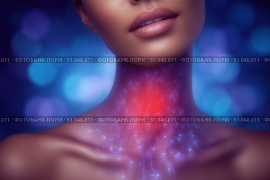 Thyroid gland inflammation, sore throat and cough, woman with neck pain. Стоковое AI-изображение, AI-художник Станислав Тарко / Фотобанк Лори