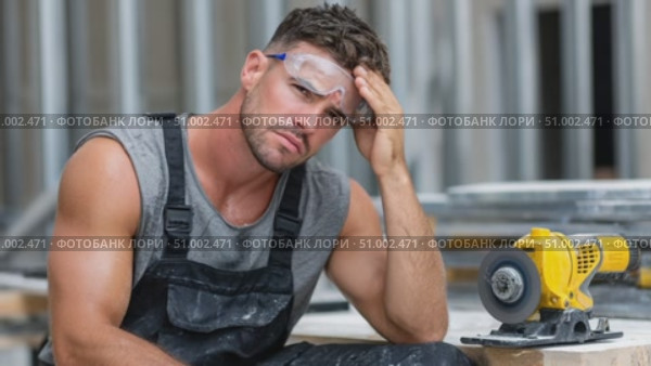 Tired construction worker suffering from headache on construction site. Стоковое AI-видео, аниматор Юрий Поздников / Фотобанк Лори