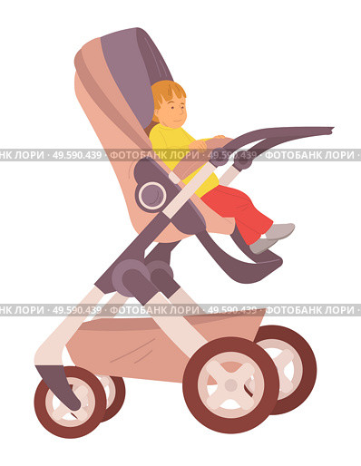 Toddler sitting in buggy vector, isolated child son in perambulator, flat style baby summertime fresh air, pram with calm kiddo outdoor walking stroll. Toddler Kid Sitting in Perambulator Stroller Vector. Стоковая иллюстрация, агентство Ingram Publishing / Фотобанк Лори