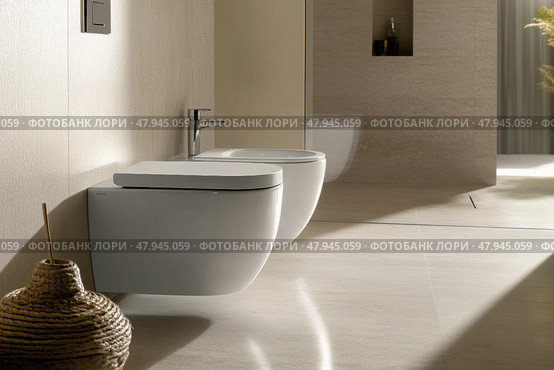 Toilet and bidet. Flush clean toilet in modern bathroom. White ceramic toilet bowl near light grey wall. Restroom furniture concept. Personal hygiene. Interior Design. Architecture. Architectural. Стоковое AI-изображение, AI-художник Марина Демидюк / Фотобанк Лори