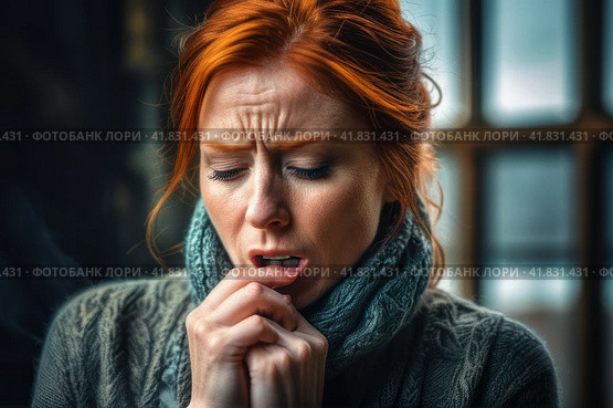 Tonsillitis and angina concept. Sick woman with closed eyes touching her sore throat. Unhealthy female with painful feelings in neck feels discomfort, hard to swallow, irritation or loss of voice. AI. Стоковое AI-изображение, AI-художник Sergey Grishin / Фотобанк Лори