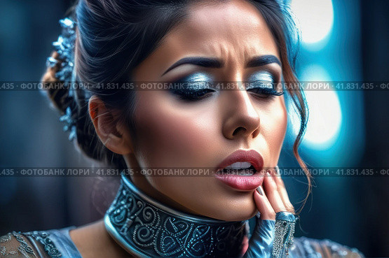 Tonsillitis and angina concept. Sick woman with closed eyes touching her sore throat. Unhealthy female with painful feelings in neck feels discomfort, hard to swallow, irritation or loss of voice. AI. Стоковое AI-изображение, AI-художник Sergey Grishin / Фотобанк Лори