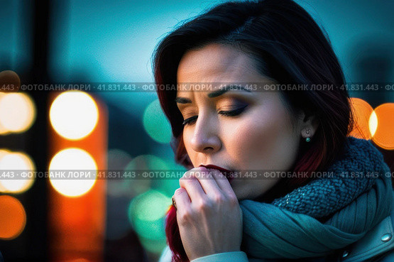 Tonsillitis and angina concept. Sick woman with closed eyes touching her sore throat. Unhealthy female with painful feelings in neck feels discomfort, hard to swallow, irritation or loss of voice. AI. Стоковое AI-изображение, AI-художник Sergey Grishin / Фотобанк Лори