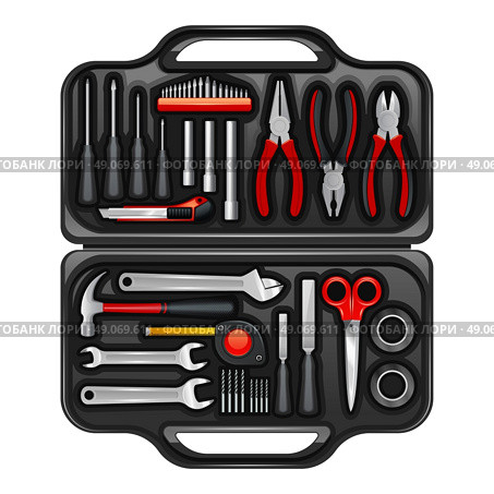 Tool Box With Toolkit Set. Black plastic toolkit box for keeping storage and carrying instruments and tools for repair service realistic vector illustration. Стоковая иллюстрация, агентство Ingram Publishing / Фотобанк Лори