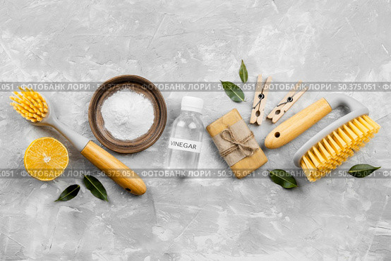 top view eco friendly cleaning products with brushes. Стоковое фото, агентство Ingram Publishing / Фотобанк Лори