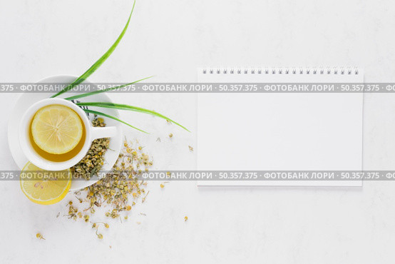 top view lemon tea with notebook. Стоковое фото, агентство Ingram Publishing / Фотобанк Лори