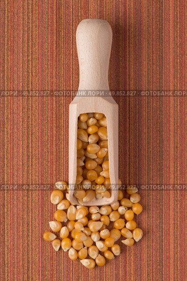 Top view of wooden scoop with corn against red vinyl background. Стоковое фото, агентство Ingram Publishing / Фотобанк Лори
