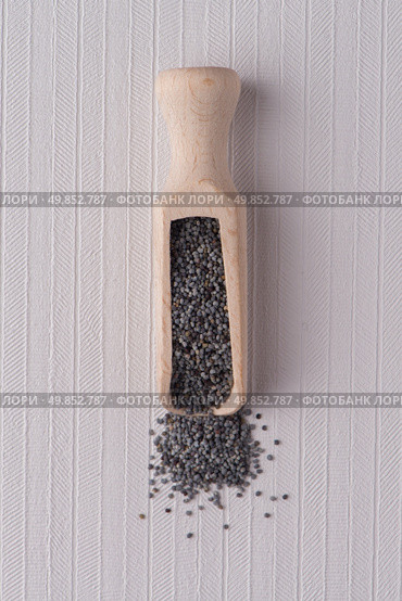 Top view of wooden scoop with poppy seeds against white vinyl background. Стоковое фото, агентство Ingram Publishing / Фотобанк Лори