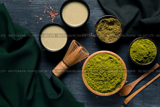 top view types granulation green tea. Стоковое фото, агентство Ingram Publishing / Фотобанк Лори